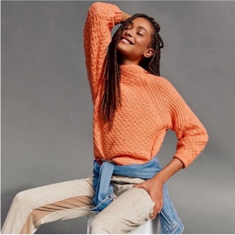 Anthropologie Orange Open Knit Mock Neck Sweater Large